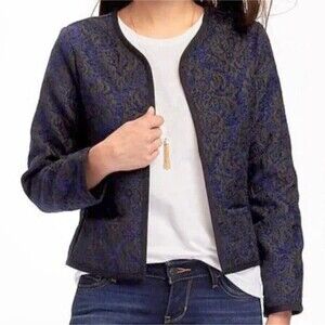 Jacquard Jacket Open Front Floral Dress Blazer Women’s M Navy/Black Old Navy